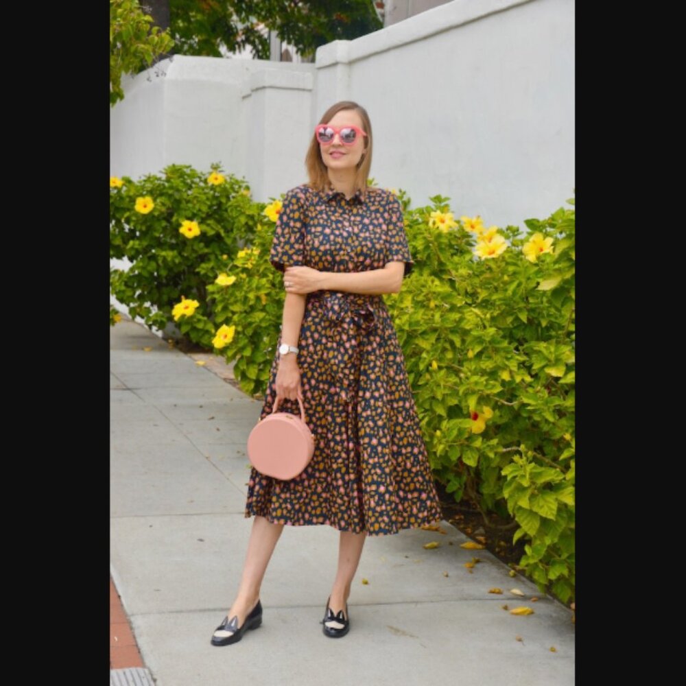 J. Crew Black Leopard Shirt Midi Dress with Pink and Orange Floral Pattern 14